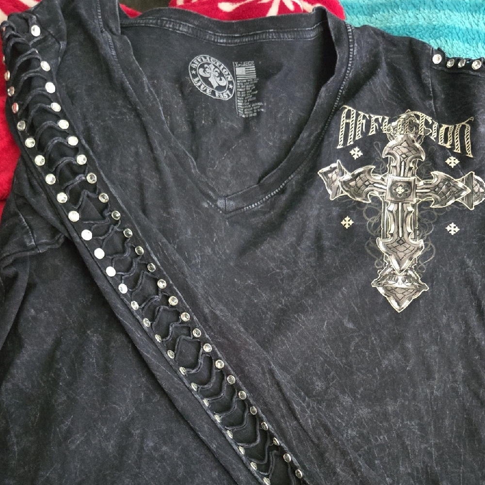 Affliction Black Tee with Cross Graphic and Studded Sleeve